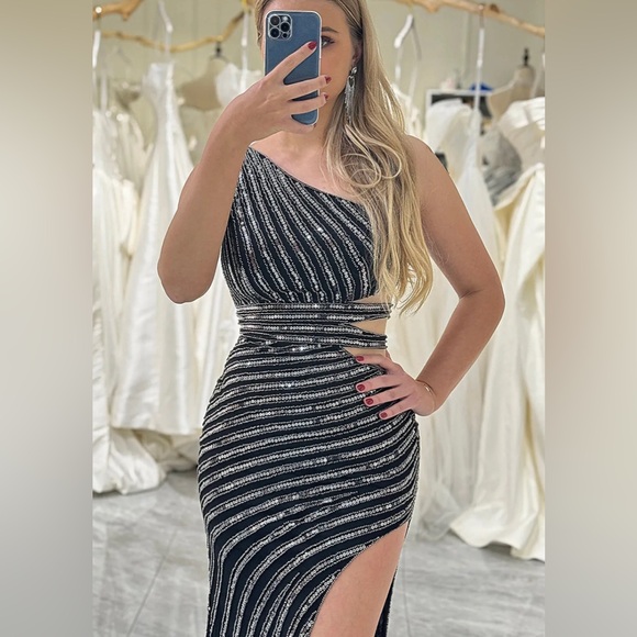Black one shoulder sequin formal prom dress with side cut outs and a slit - Picture 4 of 5